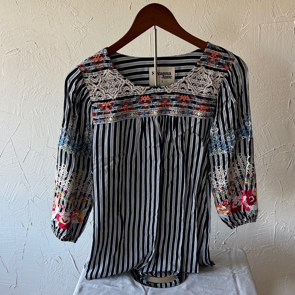 Savanna Jane Black and White Striped Embroidered Blouse